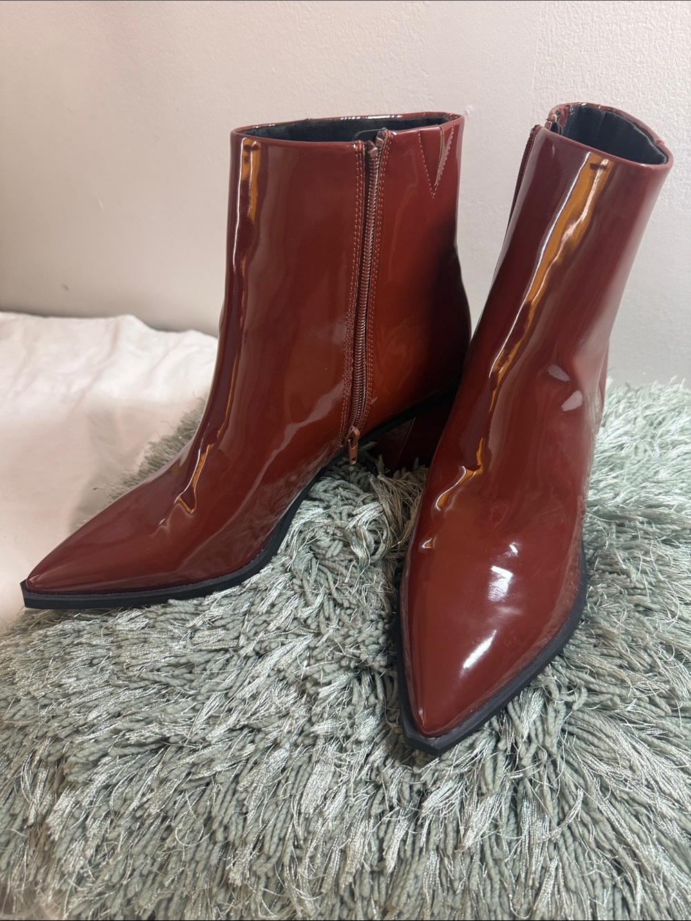 bp Glossy Pointed-Toe Ankle Booties in Red-Brown